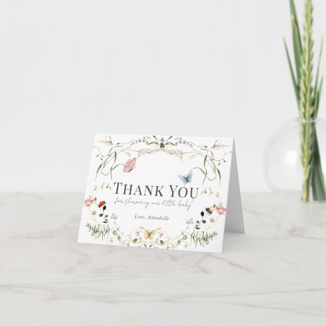 Wildflower Butterfly Bee Watercolor Baby Shower Thank You Card (Front)