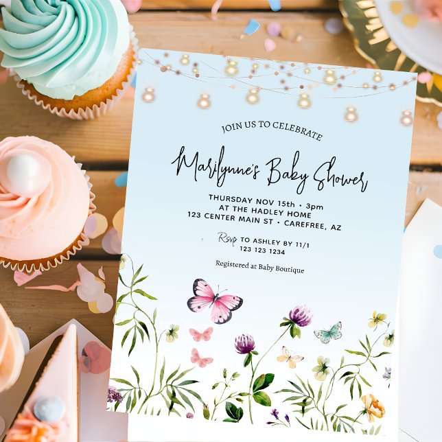 Wildflower Butterfly Blue Script Baby Shower Invitation (Creator Uploaded)