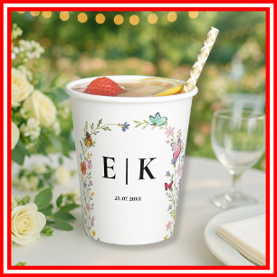Wildflower Butterfly Boho Monogram Wedding Paper Cups