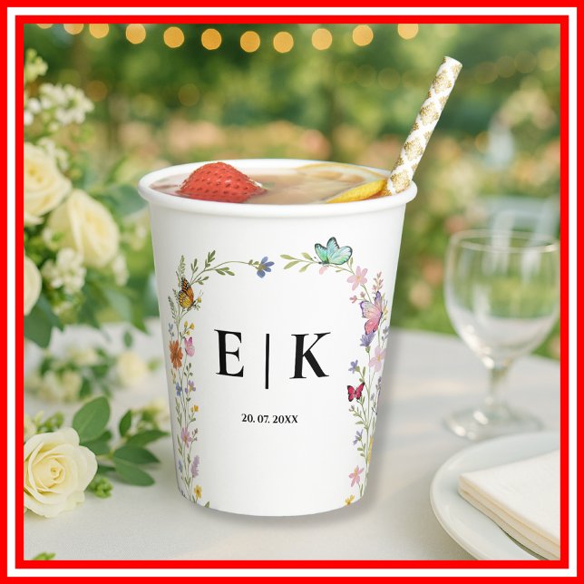 Wildflower Butterfly Boho Monogram Wedding Paper Cups (Creator Uploaded)