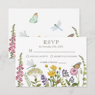 Wildflower Butterfly Dragonfly Watercolor Wedding RSVP Card