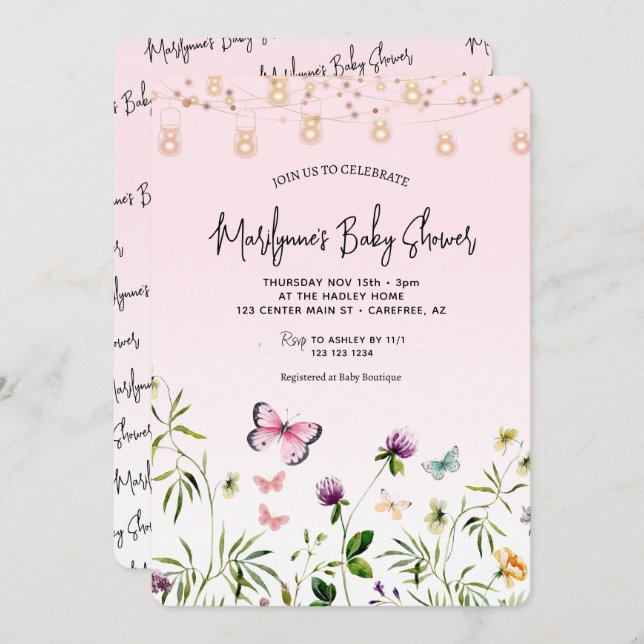 Wildflower Butterfly Pink Script Baby Shower Invitation (Front/Back)
