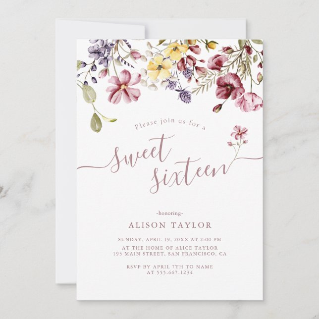 Wildflower Calligraphy Sweet Sixteen Birthday Invitation (Front)