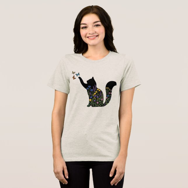 Wildflower Cat Silhouette Butterfly  Tri-Blend Shirt (Front Full)