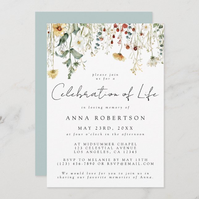Wildflower Celebration of Life Funeral Invitation (Front/Back)