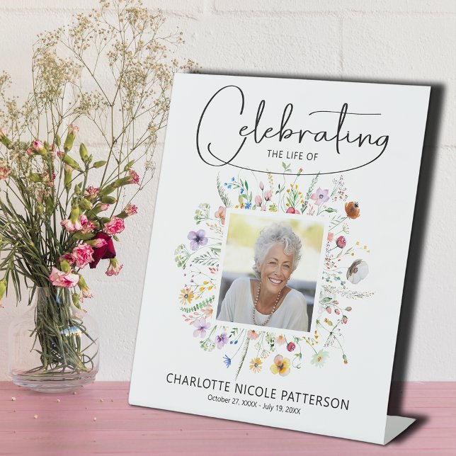 Wildflower Celebration of Life of Photo Memorial Pedestal Sign (Wildflower Celebration of Life of Photo Memorial Pedestal Sign)