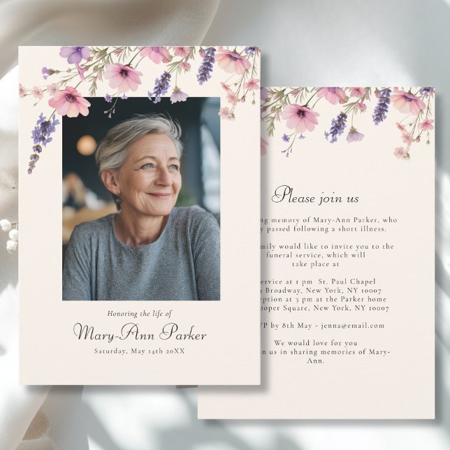 Wildflower "Celebration of Life" Photo Funeral  Invitation (Wildflower "Celebration of Life" Photo Funeral White Purple Pink Invitation)