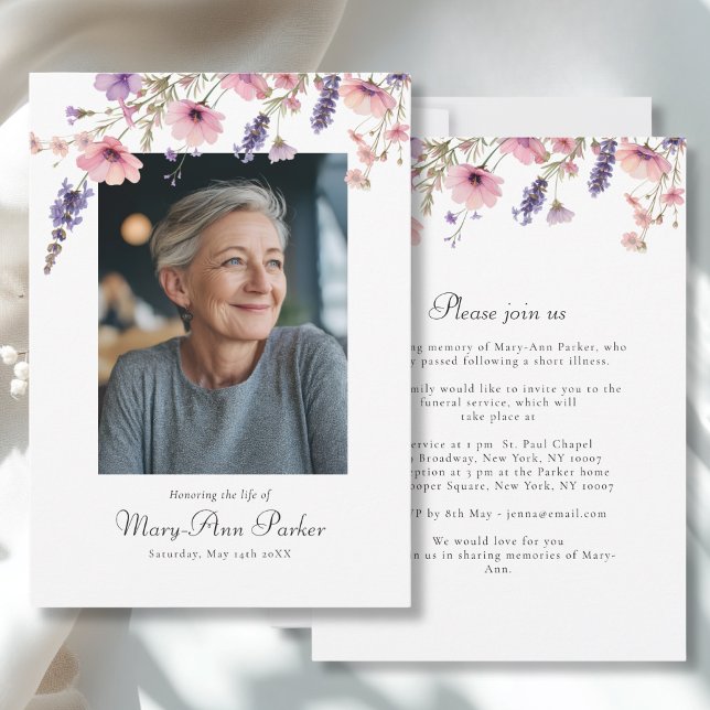Wildflower "Celebration of Life" Photo Funeral  Invitation (Wildflower "Celebration of Life" Photo Funeral White Purple Pink Invitation)