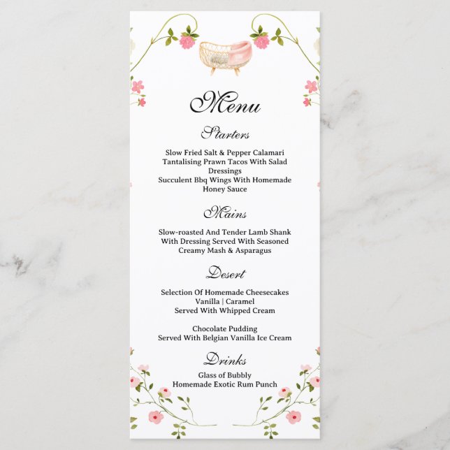Wildflower Chic Floral Lush Boho White baby Shower Menu (Front)