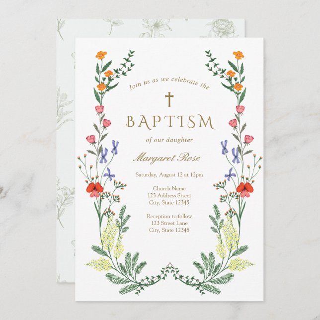 Wildflower Christening Invitation (Front/Back)