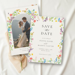 Wildflower Colourful Floral Ecru Photo Wedding Save The Date