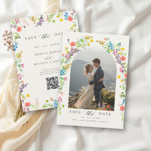 Wildflower Colourful Floral Photo Ecru Wedding Save The Date