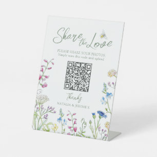Wildflower colourful watercolor wedding QR Pedestal Sign