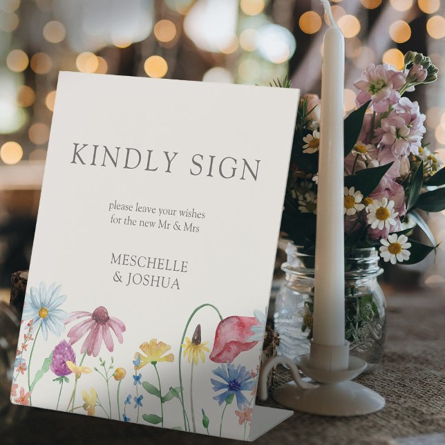 Wildflower Country Floral Wedding Guestbook Pedestal Sign (Wedding Sign requesting guests to sign your guest book with border of watercolor wildflowers)