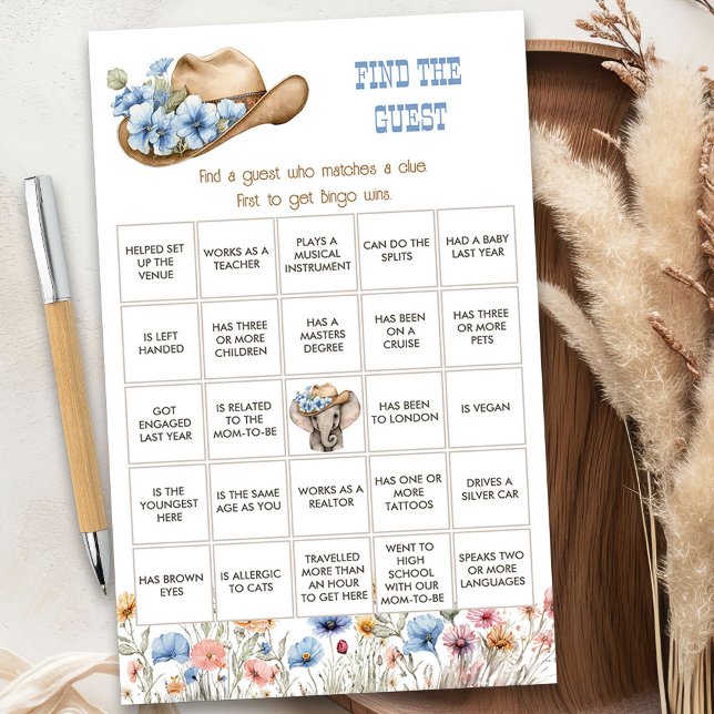 Wildflower Cowboy Find the Guest Baby Shower Game (Find the Guest game from the Boho Elephant Baby Shower Collection by Darling & May)