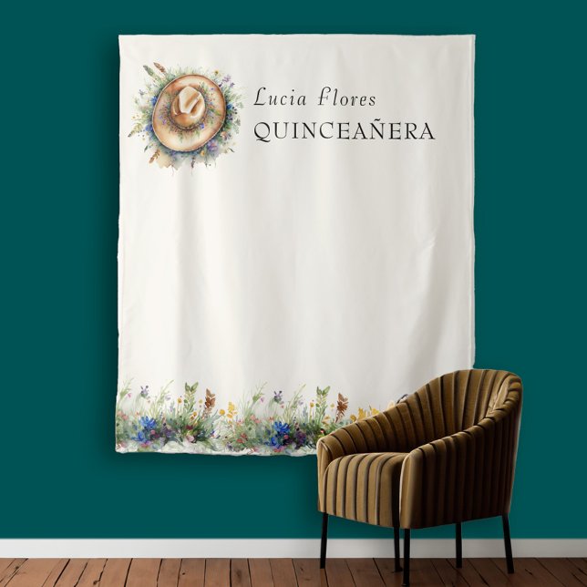 Wildflower Cowgirl Western Quinceanera Backdrop Tapestry (Quinceanera photo booth backdrop from my Wildflower Cowgirl Hat Quinceanera Collection		)