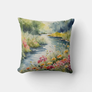 Wildflower Creek Mountains Waterscape Watercolor  Cushion
