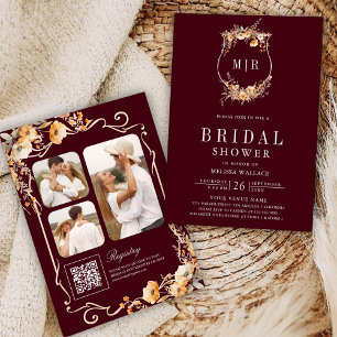 Wildflower Crest QR Code Burgundy Bridal Shower Invitation
