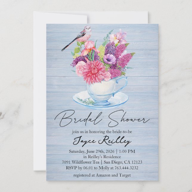 Wildflower Cup Dusty Blue Wood Bridal Shower  Invitation (Front)