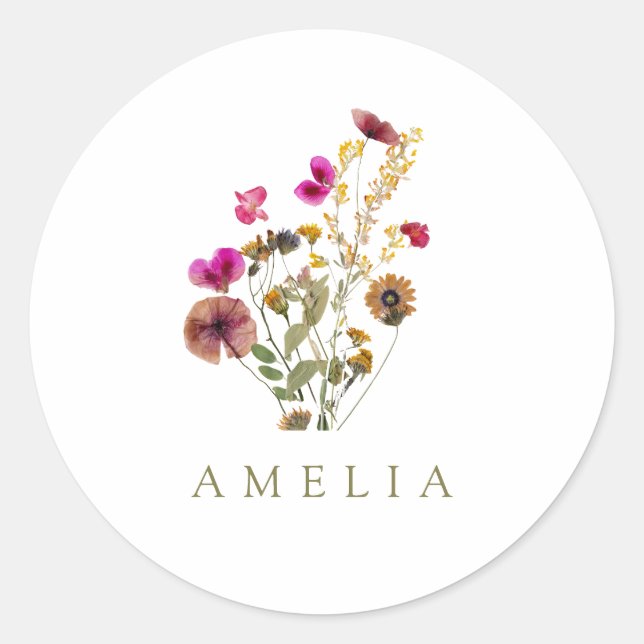 Wildflower Custom Name  Classic Round Sticker (Front)