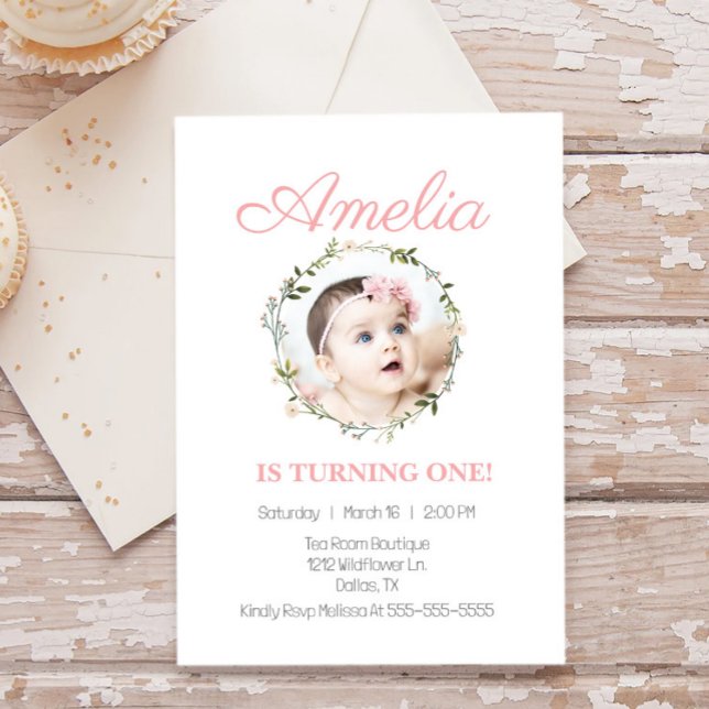 Wildflower Dainty Pink Flower Photo Baby  Invitation (Creator Uploaded)
