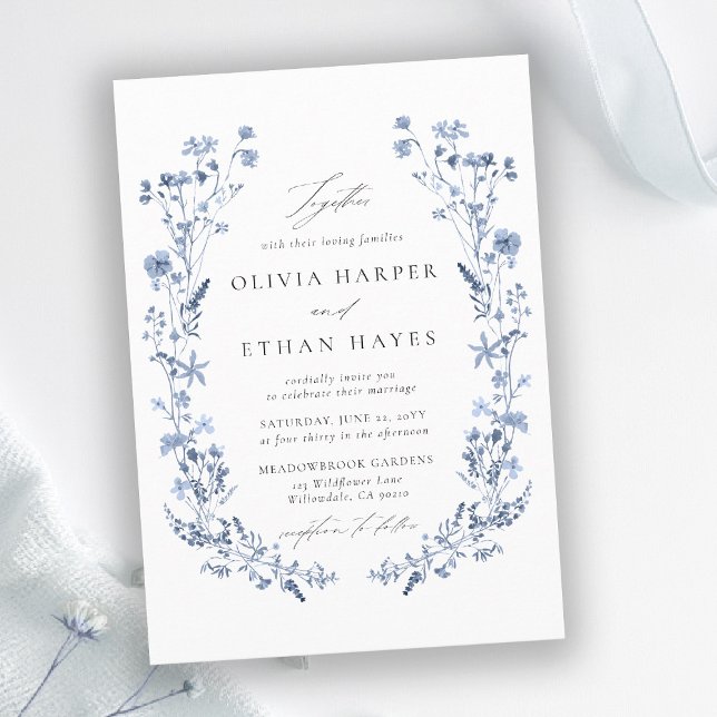 Wildflower Delicate Blue Whimsical Elegant Wedding Invitation (wildflower wedding theme blue invitation watercolor garden backyard barn summer spring elegant chic)