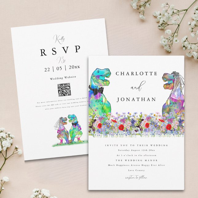 Wildflower Dinosaur Theme Wedding Invitation (Boho colorful wildflower dinosaur wedding invitation )