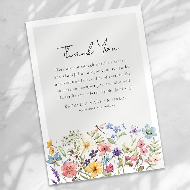Wildflower Dragonfly Sympathy Funeral Thank You Card (Creator Uploaded)