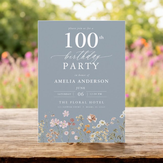 Wildflower Dusty Blue Garden Floral 100th Birthday Invitation (Creator Uploaded)