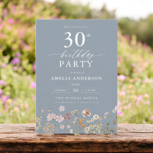 Wildflower Dusty Blue Garden Floral 30th Birthday Invitation