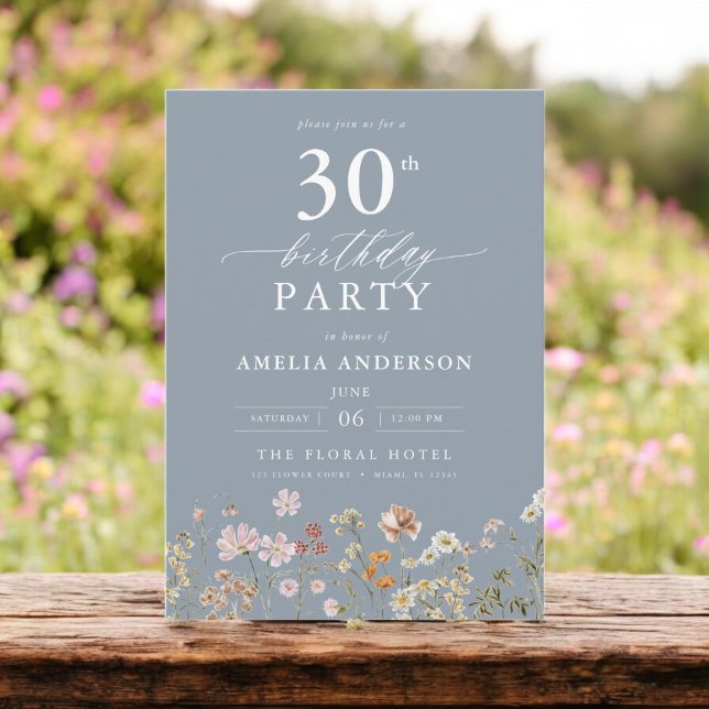 Wildflower Dusty Blue Garden Floral 30th Birthday Invitation (Creator Uploaded)