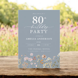 Wildflower Dusty Blue Garden Floral 80th Birthday Invitation