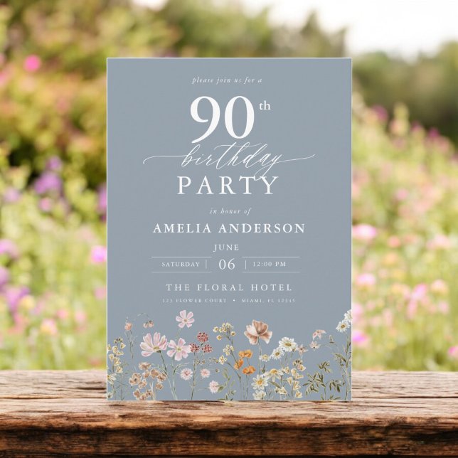 Wildflower Dusty Blue Garden Floral 90th Birthday Invitation (Creator Uploaded)