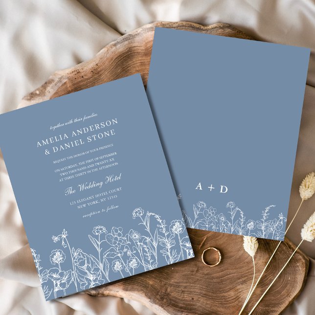 Wildflower Dusty Blue Monogram Wedding Invitation (Creator Uploaded)