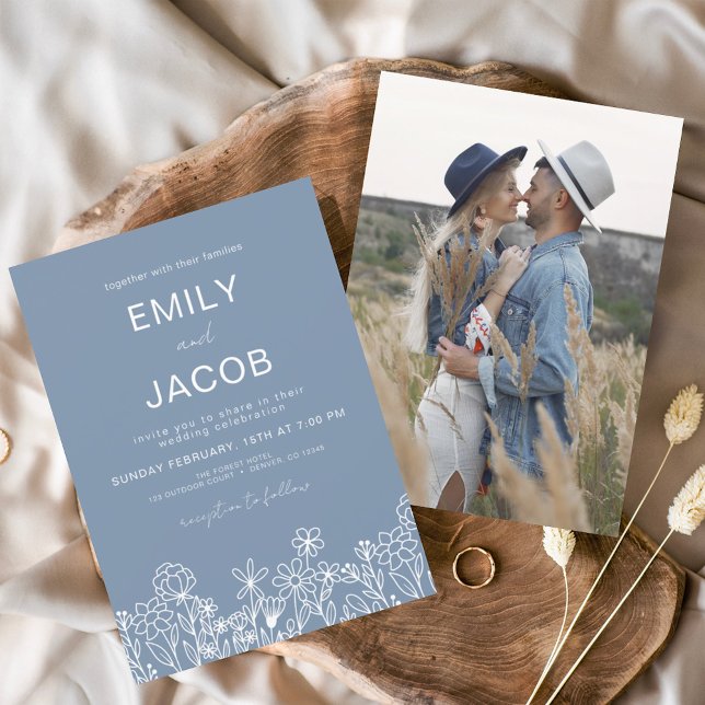 Wildflower Dusty Blue Photo Botanical Wedding  Invitation (Creator Uploaded)