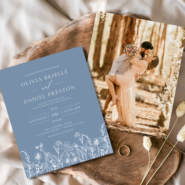 Wildflower Dusty Blue Photo Wedding Invitation Flyer (Creator Uploaded)