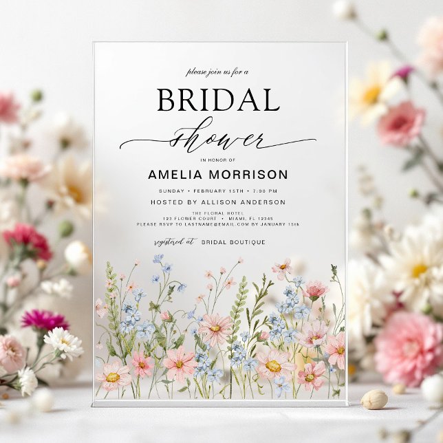 Wildflower Dusty Blue Pink Garden Bridal Shower Acrylic Invitations (Creator Uploaded)