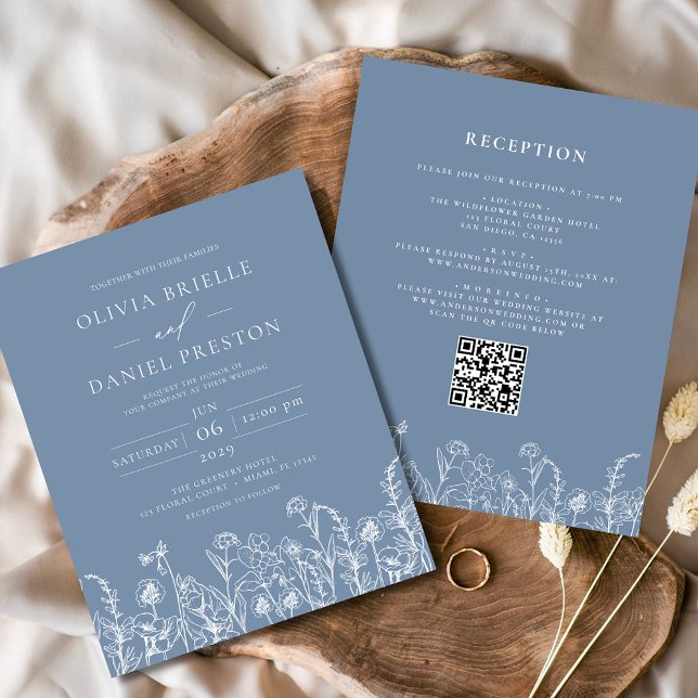 Wildflower Dusty Blue QR Code Wedding Invitation (Creator Uploaded)