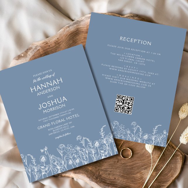 Wildflower Dusty Blue QR Code Wedding Invitation Flyer (Creator Uploaded)