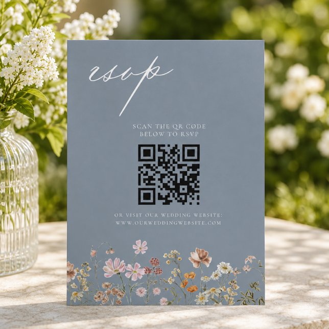Wildflower Dusty Blue QR Code Wedding RSVP Invitation (Creator Uploaded)