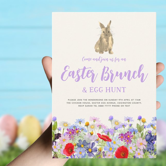 Wildflower Easter Bunny Brunch and Egg Hunt Invitation (Boho wildflower Easter brunch and egg hunt cute bunny invitation )