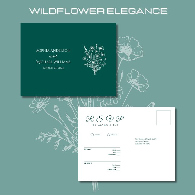 Wildflower Elegance-RSVP-Wedding- Postcard (Wildflower Elegance Wedding RSVP Postcard-Emerald Green-Rustic, Country, Bohemian)