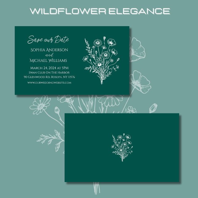 Wildflower Elegance Wedding-Save the Date- Business Card (Wildflower Elegance Wedding Save Our Date-Emerald Green-Rustic, Bohemian, Country)