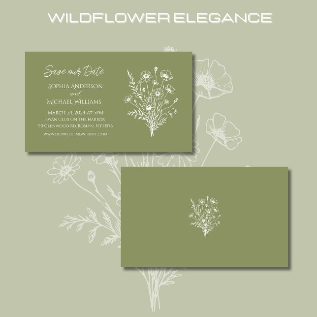 Wildflower Elegance Wedding-Save the Date- Business Card (Wildflower Elegance Wedding Collection-Fern Green-Save Our Date)