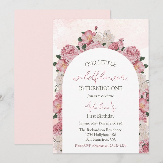 Wildflower Elegant Floral Baby Girl 1st Birthday Invitation (Front/Back)