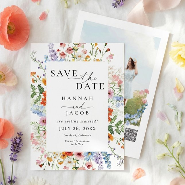 Wildflower Elegant Floral Photo QR Code Wedding Save The Date (Creator Uploaded)