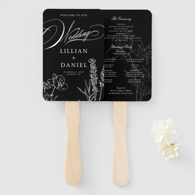 Wildflower Elegant Gothic Wedding Program Hand Fan (Front and Back)