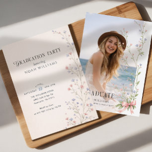 Wildflower Elegant Photo Pink Bow Graduation Party Invitation