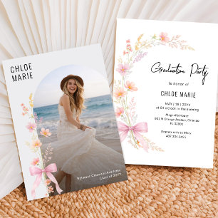 Wildflower Elegant Photo Pink Bow Graduation Party Invitation
