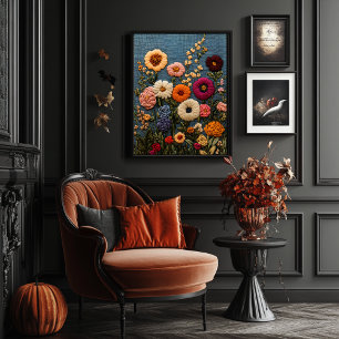 Wildflower Embroidery Style Vintage Botanical  Poster